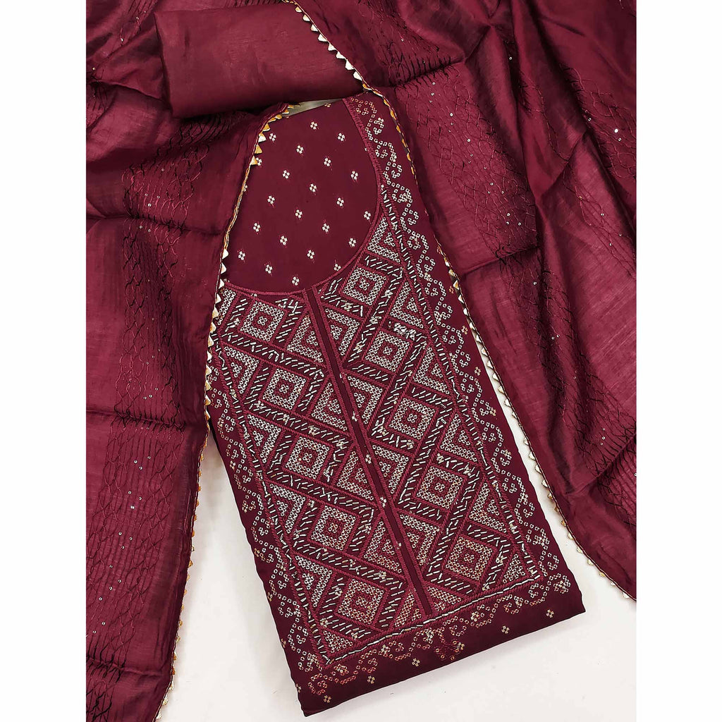 Maroon Shimmer Dress Material Featuring Zari Weaving & Beads Work