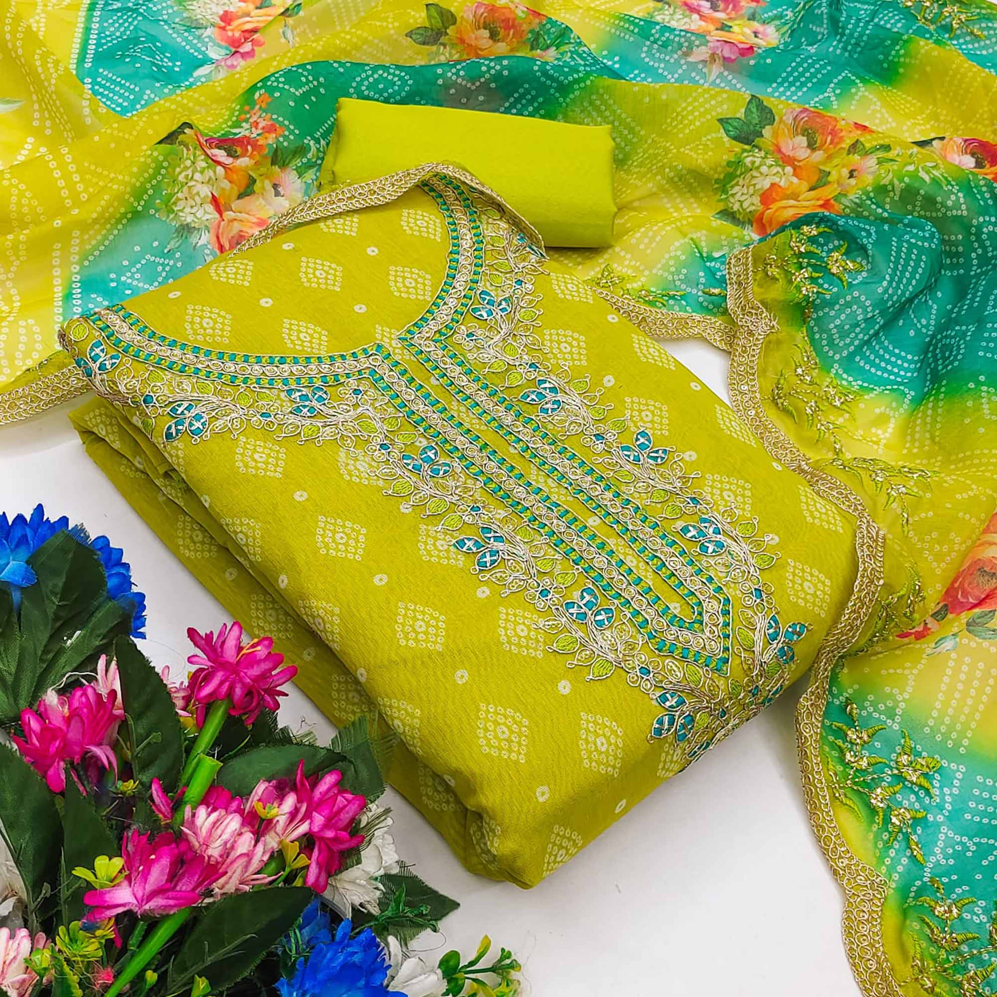 Green Bandhani Printed Chanderi Silk Dress Material With Sequin & Cording Embroidery