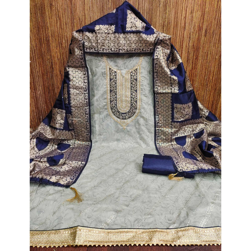 Grey Floral Printed Chanderi Silk Dress Material Embellished With Sequins & Cording