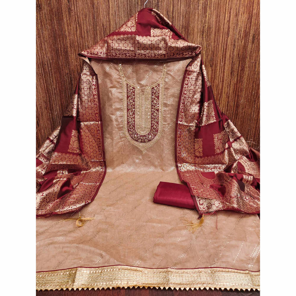 Peach Floral Printed Chanderi Silk Dress Material Embellished With Sequins & Cording