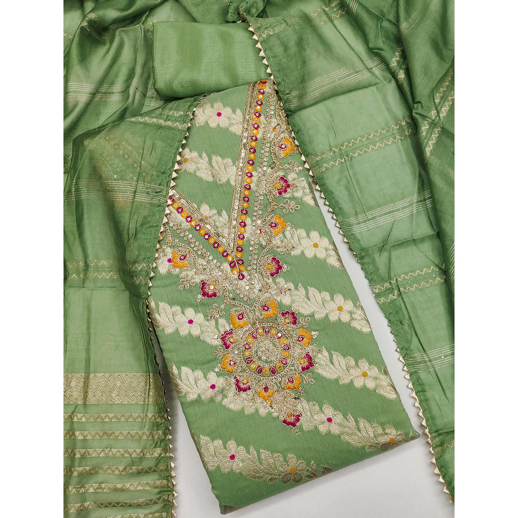 Green Jacquard Dress Material with Shimmering Zari Weave in Traditional Banarasi Style