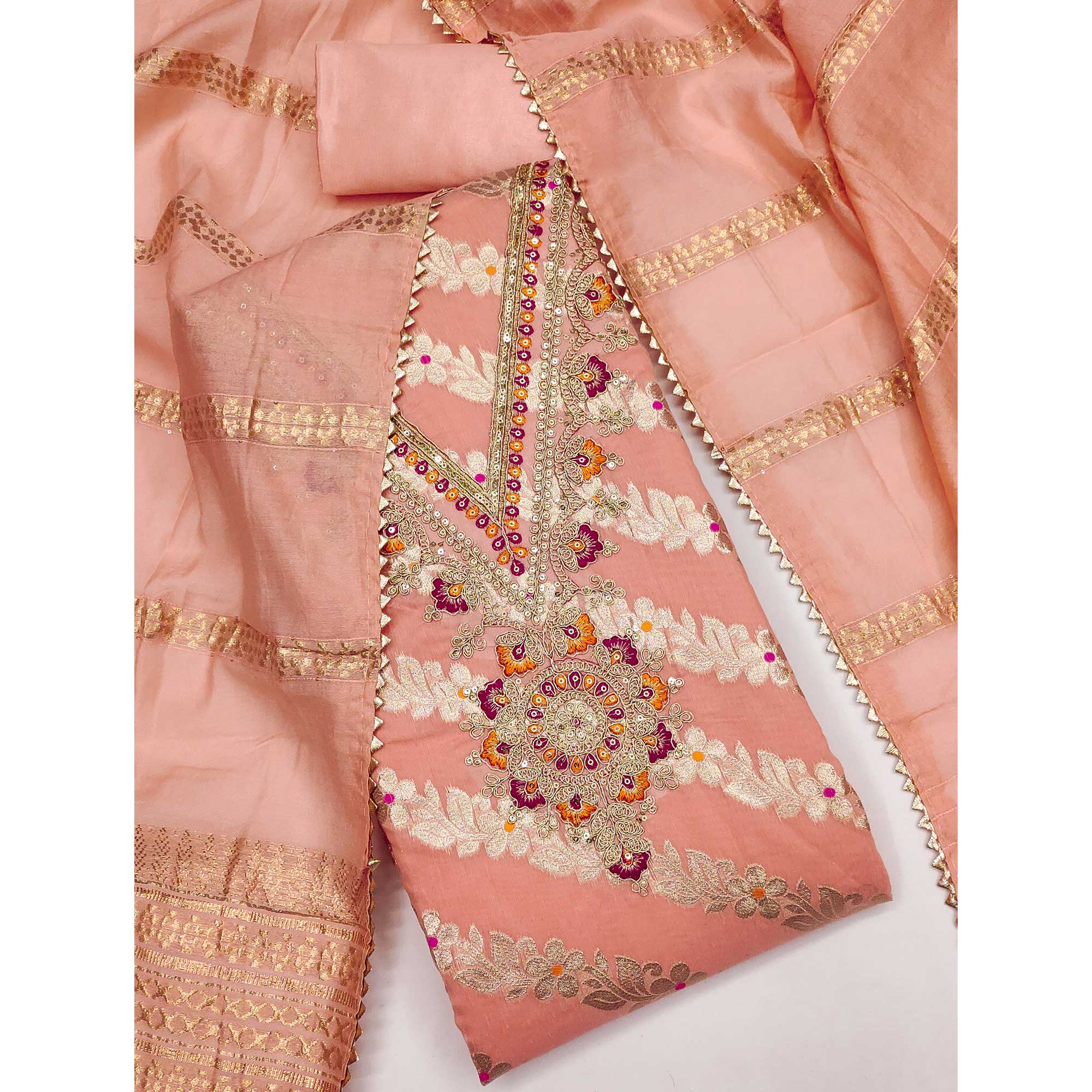 Peach Jacquard Dress Material with Shimmering Zari Weave in Traditional Banarasi Style