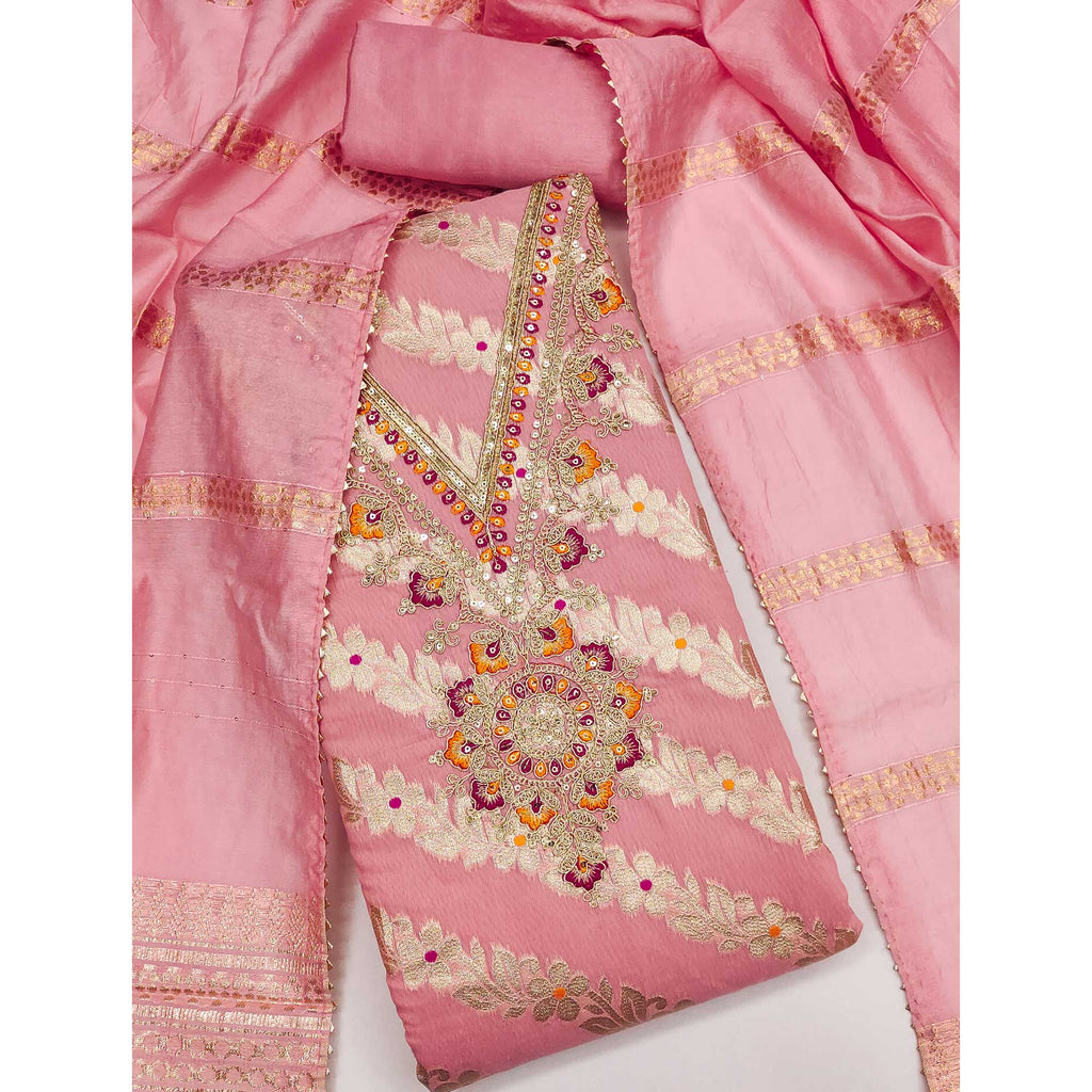 Pink Jacquard Dress Material with Shimmering Zari Weave in Traditional Banarasi Style