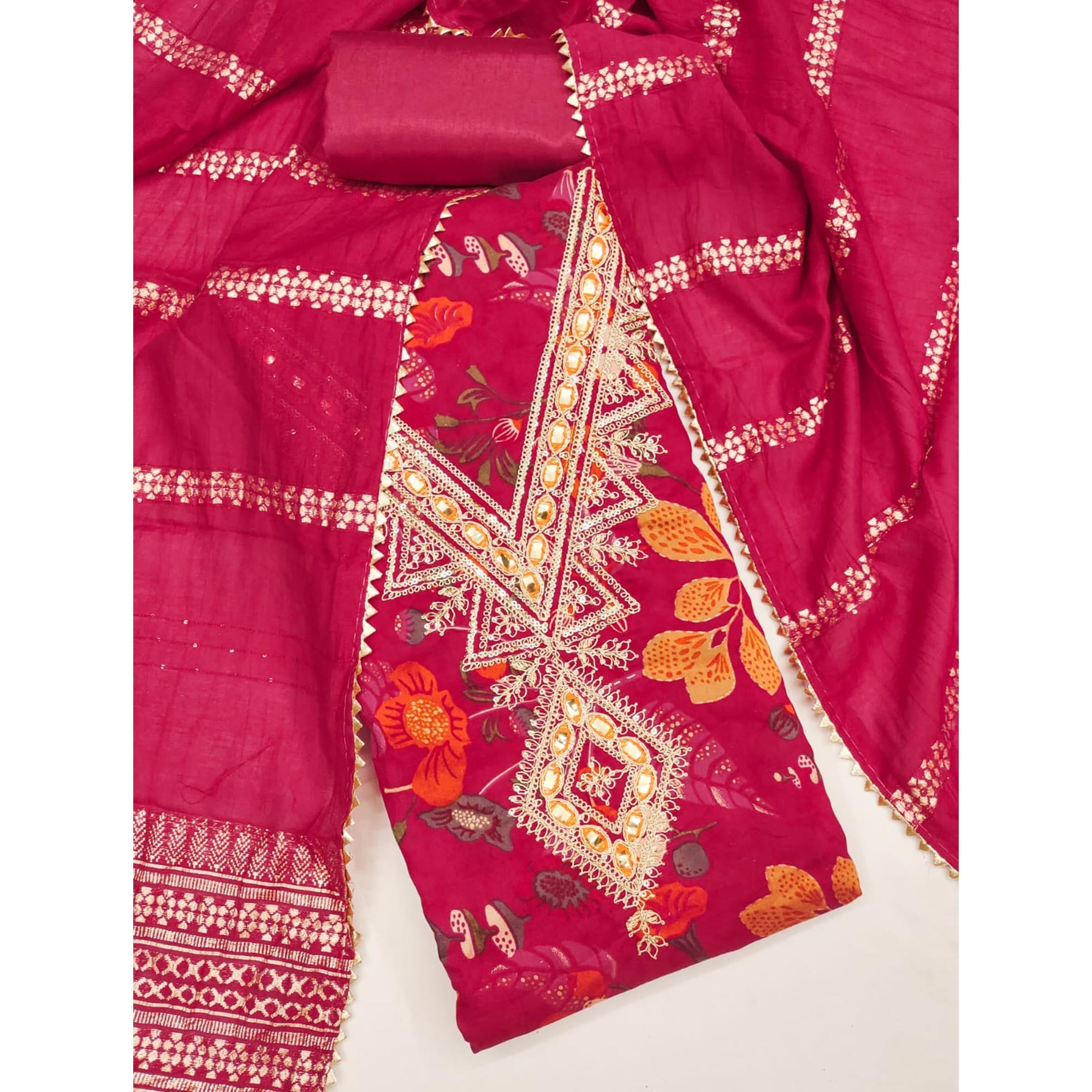 Pink Dress Fabric in Chanderi Silk Blended with Floral Patterns and Delicate Thread Work