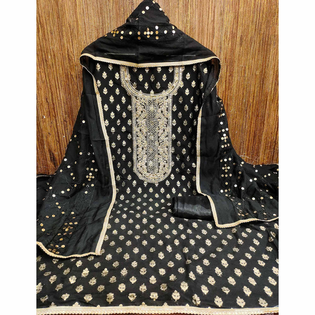 Black Chanderi Cotton Fabric with Elegant Butti Zari Weaving for a Festive Yet Soft Look