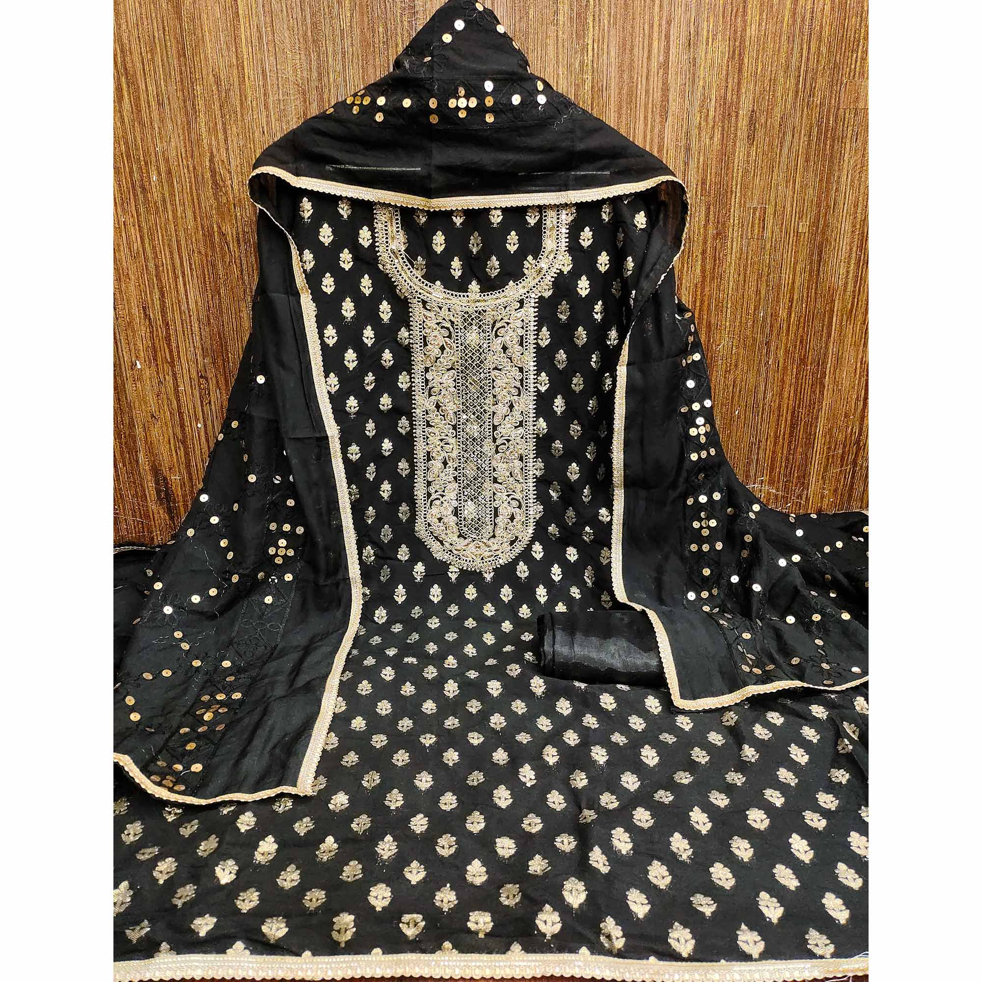 Black Chanderi Cotton Fabric with Elegant Butti Zari Weaving for a Festive Yet Soft Look