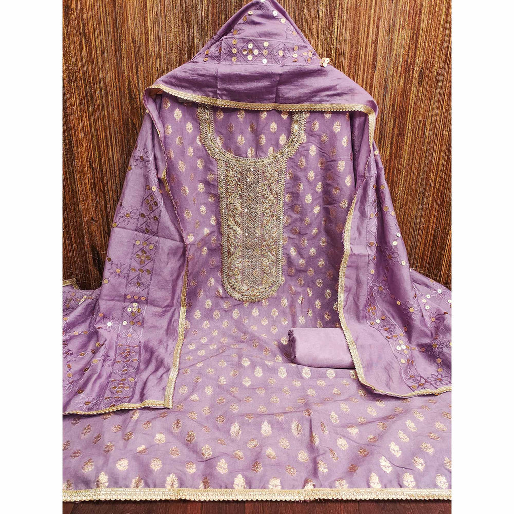 Lavender Chanderi Cotton Fabric with Elegant Butti Zari Weaving for a Festive Yet Soft Look