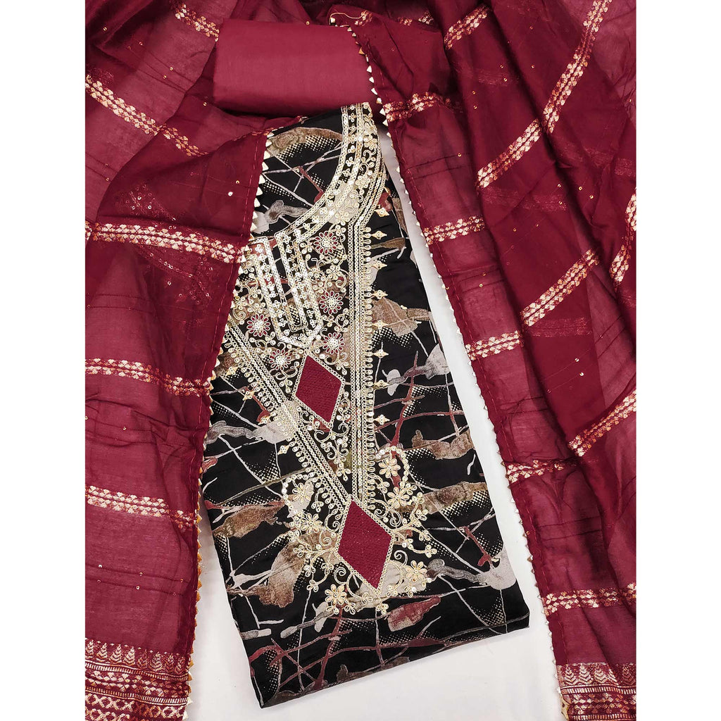 Black Printed Dress Material With Sequins & Cording Work In Chanderi Roman Silk