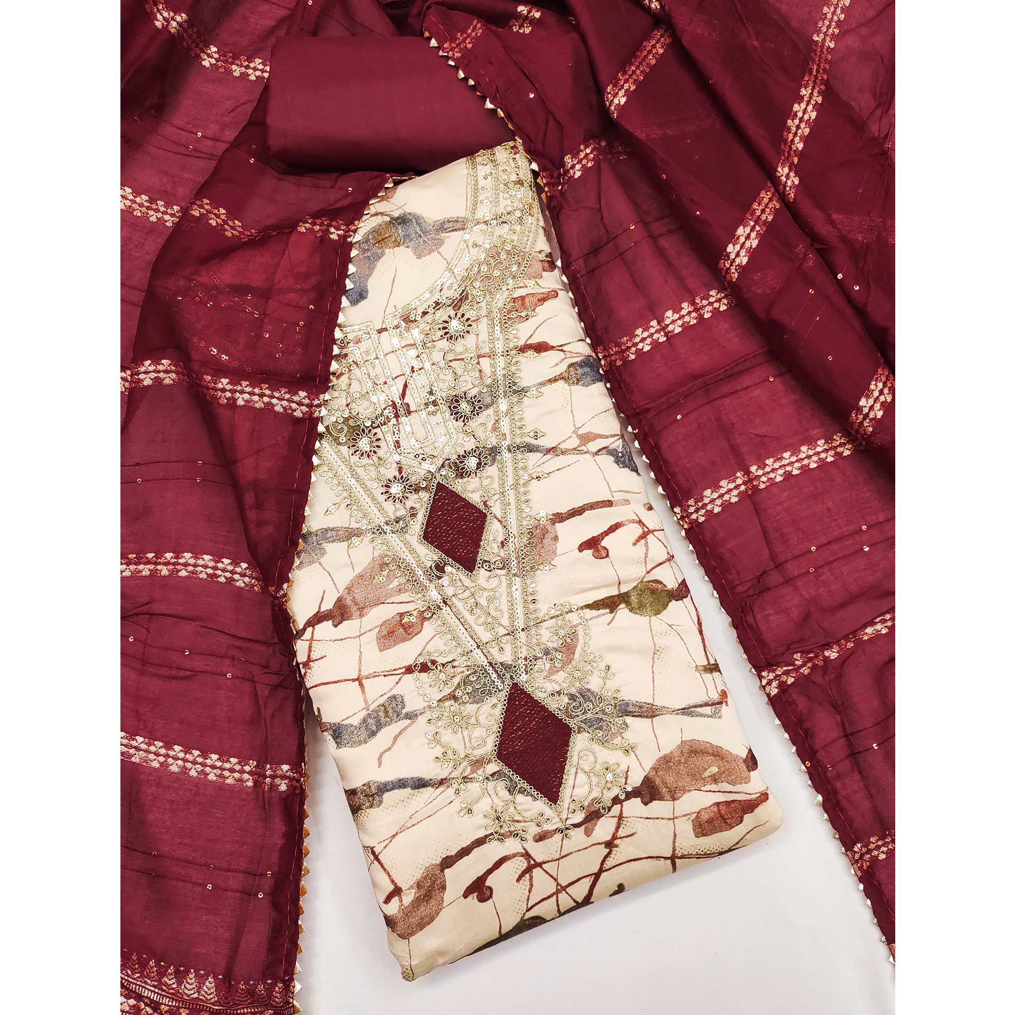 Cream Printed Dress Material With Sequins & Cording Work In Chanderi Roman Silk