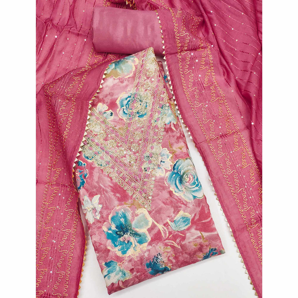 Pink Printed Dress Material With Sequins & Cording Work In Chanderi Roman Silk