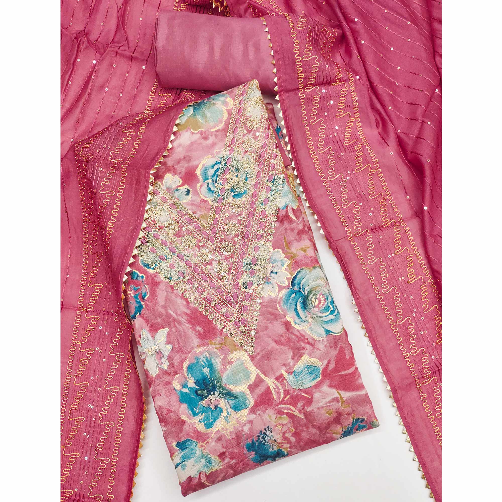 Pink Printed Dress Material With Sequins & Cording Work In Chanderi Roman Silk