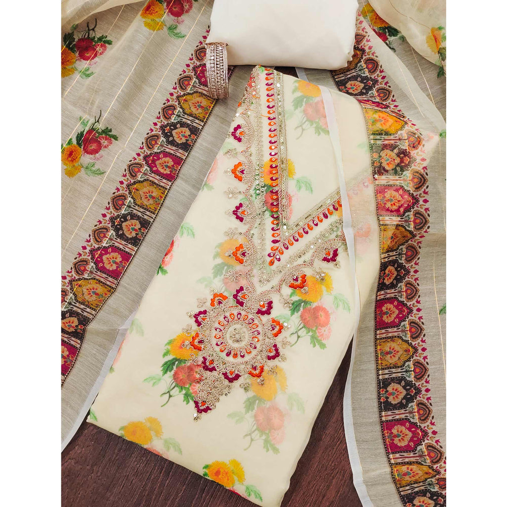 Cream Floral Digital Print Dress Material With Sequins & Cording Embroidery On Chanderi Silk