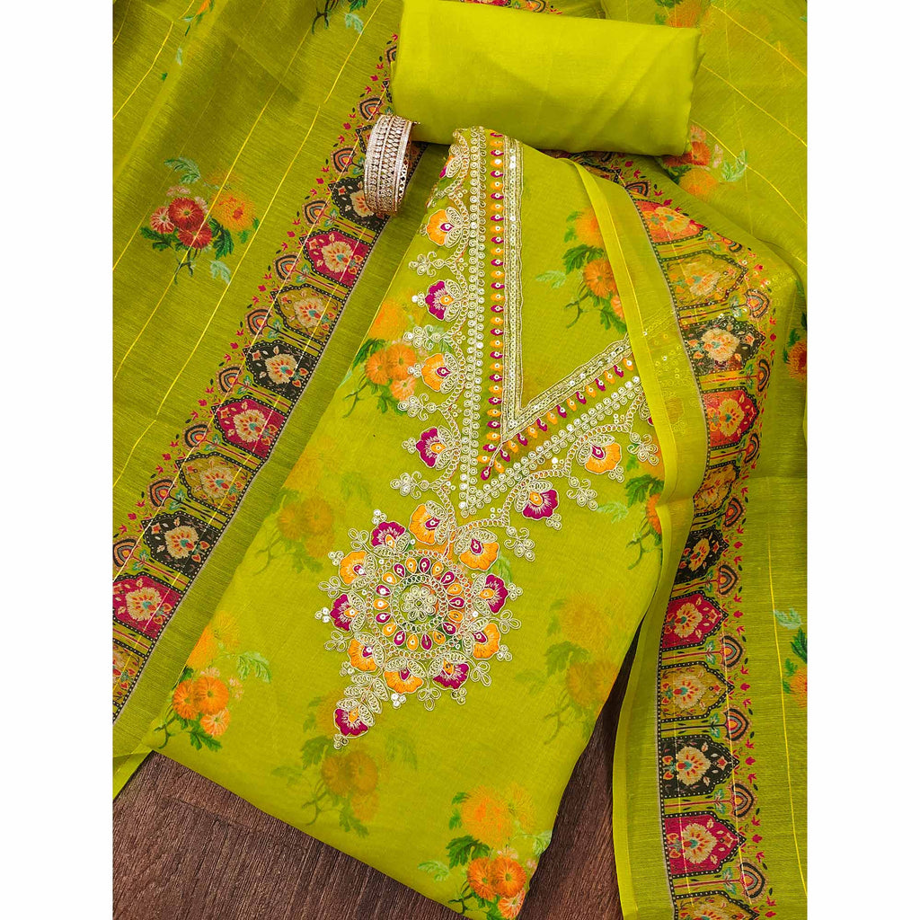 Green Floral Digital Print Dress Material With Sequins & Cording Embroidery On Chanderi Silk