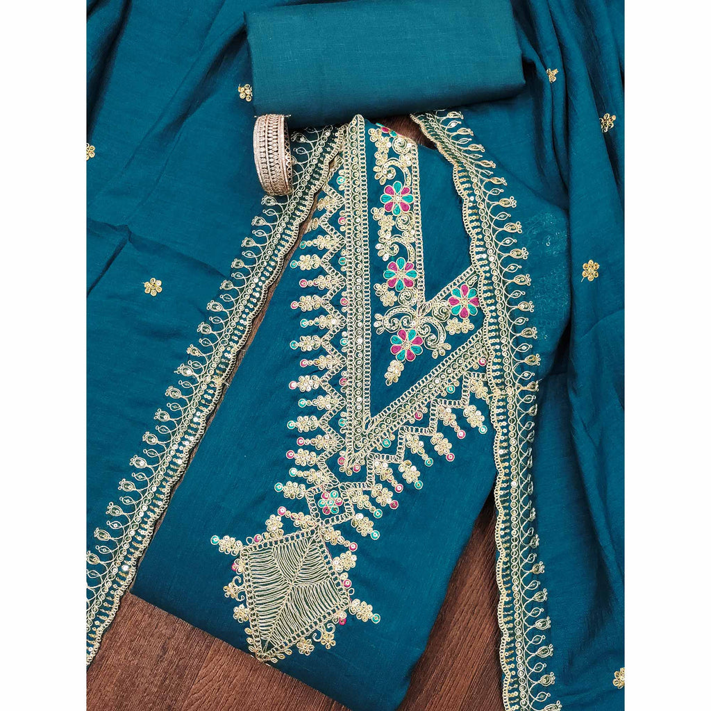 Morpich Blue Floral Printed Vichitra Silk Dress Material With Sequins & Cording Work