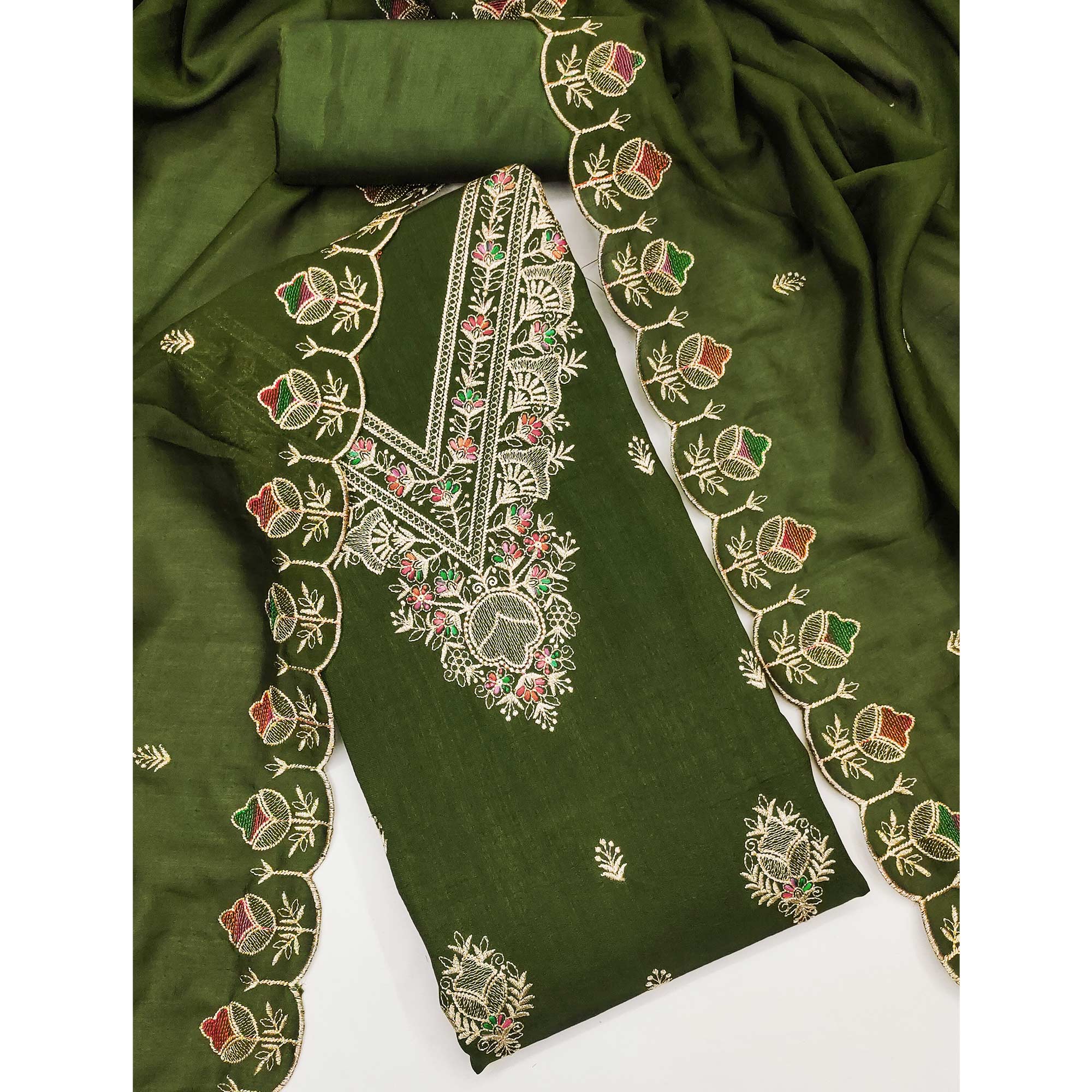 Mehendi Green Floral Vichitra Silk Dress Material With Elegant Zari Embroidery