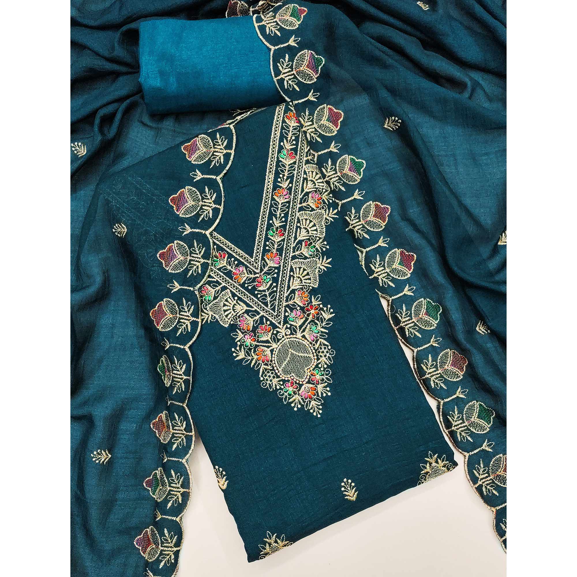 Morpich Blue Floral Vichitra Silk Dress Material With Elegant Zari Embroidery