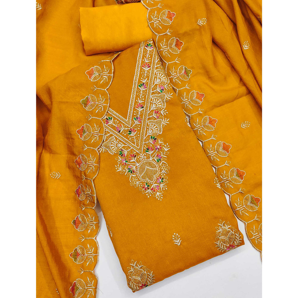Mustard Floral Vichitra Silk Dress Material With Elegant Zari Embroidery
