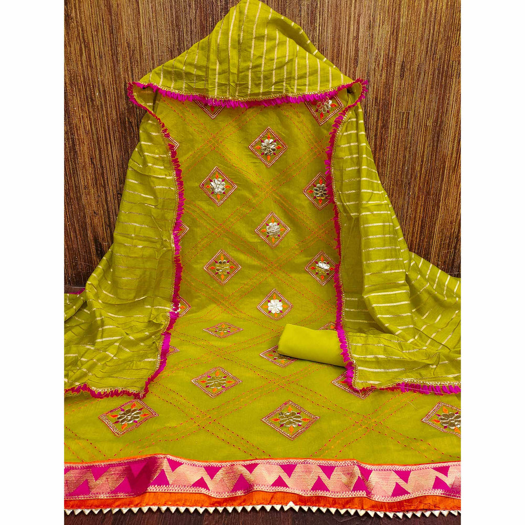 Green Chanderi Dress Material Featuring Gota Patti Work & Delicate Floral Embroidery