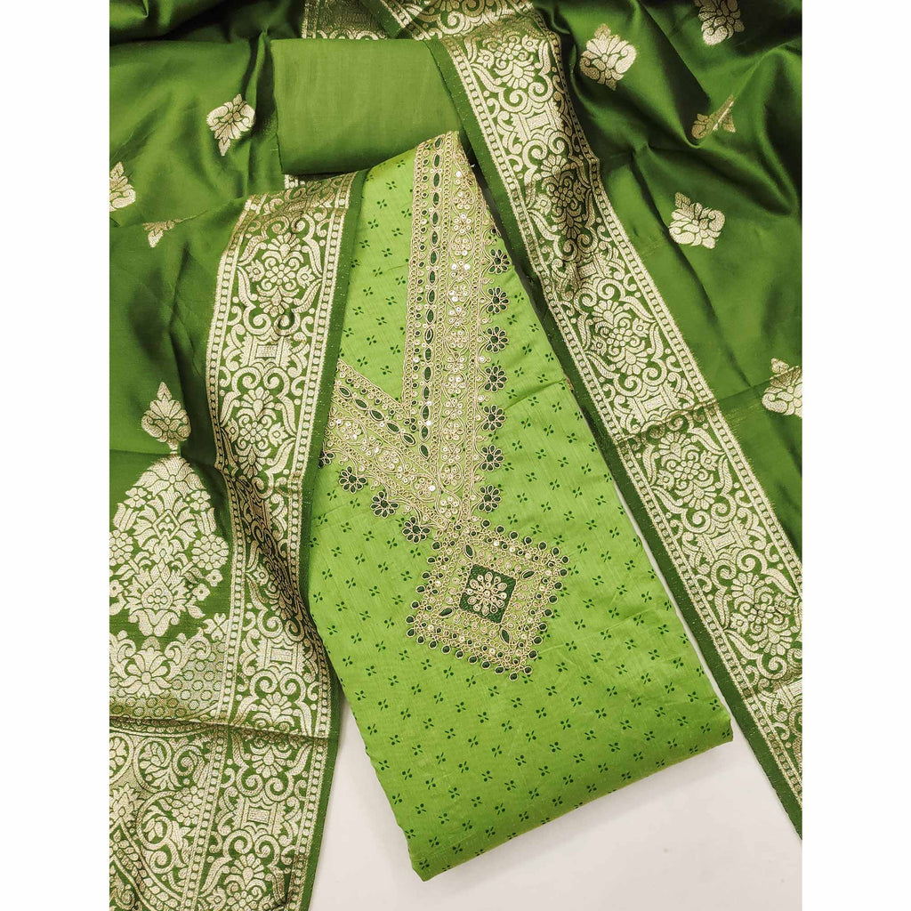 Green Printed Chanderi Silk Dress Material With Cording Sequins Embroidery On Neck