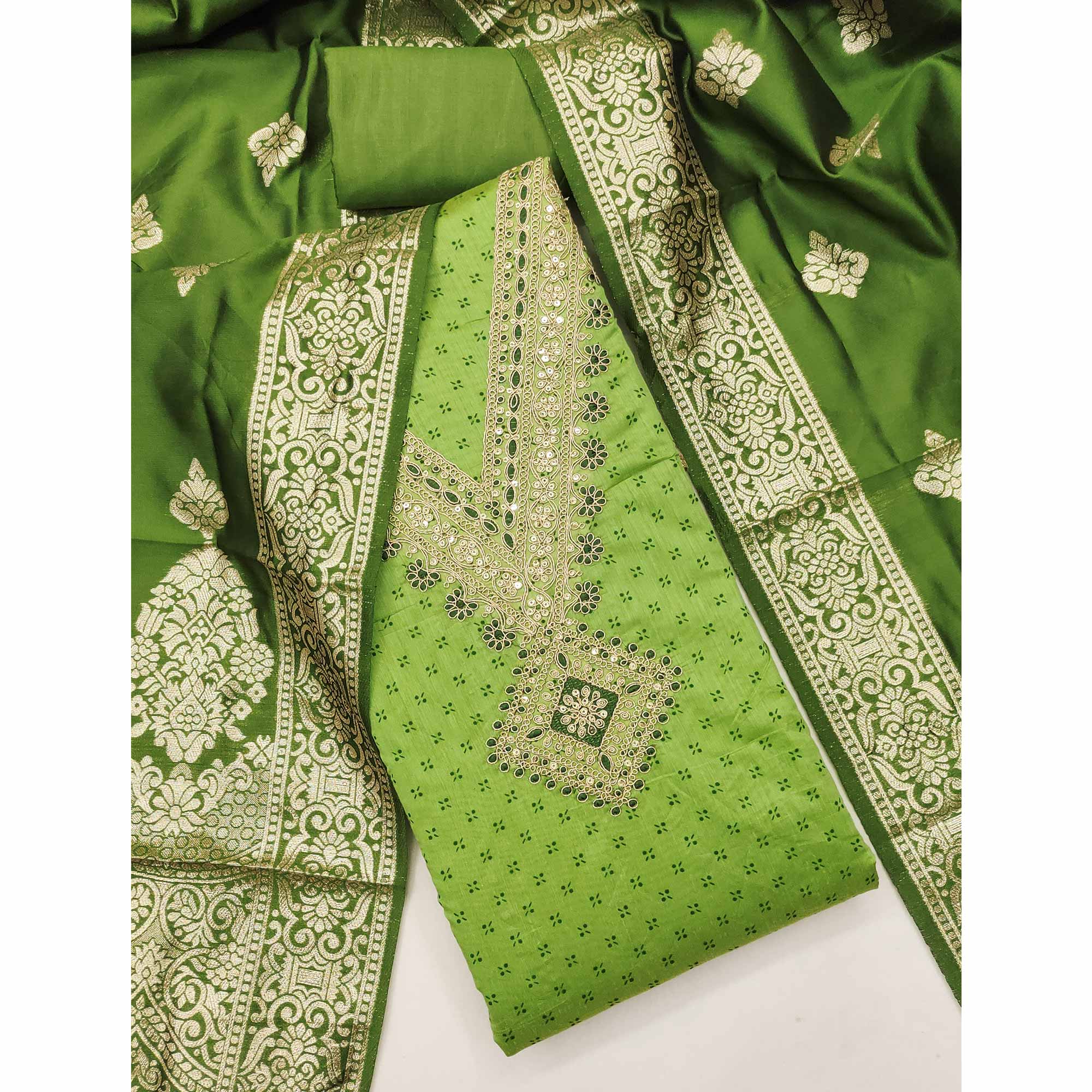 Green Printed Chanderi Silk Dress Material With Cording Sequins Embroidery On Neck
