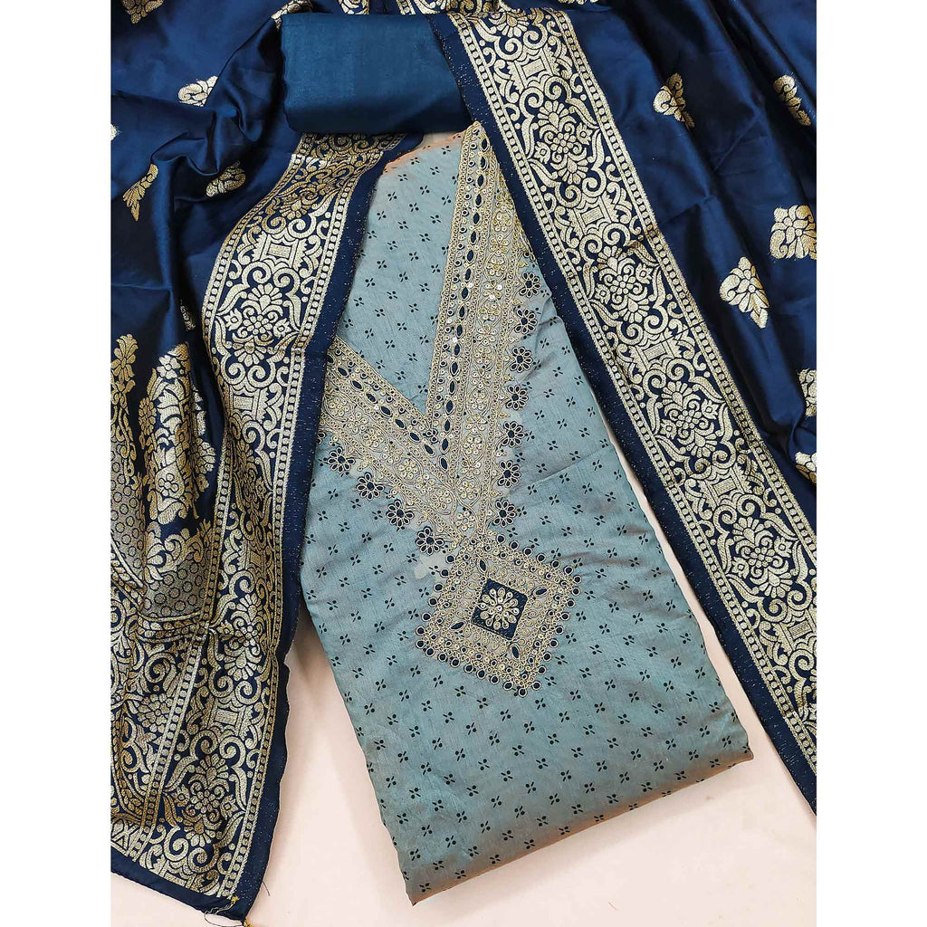 Grey Printed Chanderi Silk Dress Material With Cording Sequins Embroidery On Neck