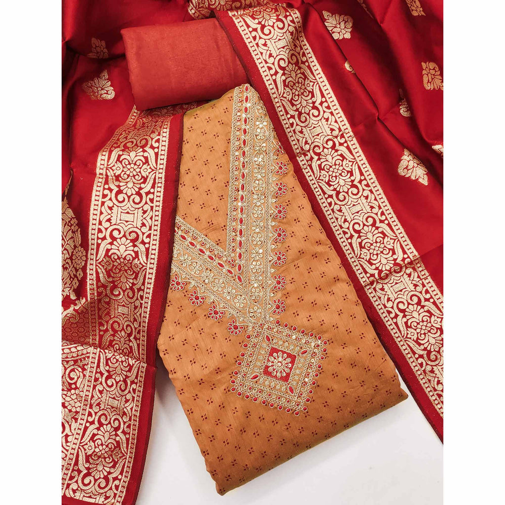 Orange Printed Chanderi Silk Dress Material With Cording Sequins Embroidery On Neck