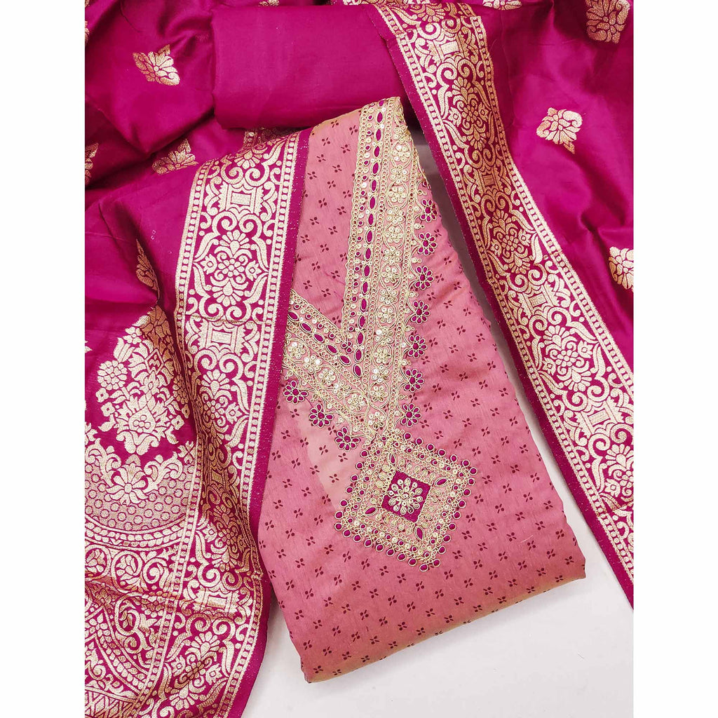 Pink Printed Chanderi Silk Dress Material With Cording Sequins Embroidery On Neck
