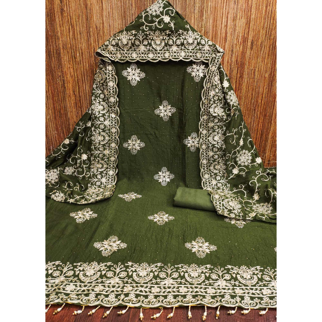 Mehendi Green Floral Zari Embroidery With Swarovski Work Vichitra Silk Dress Material