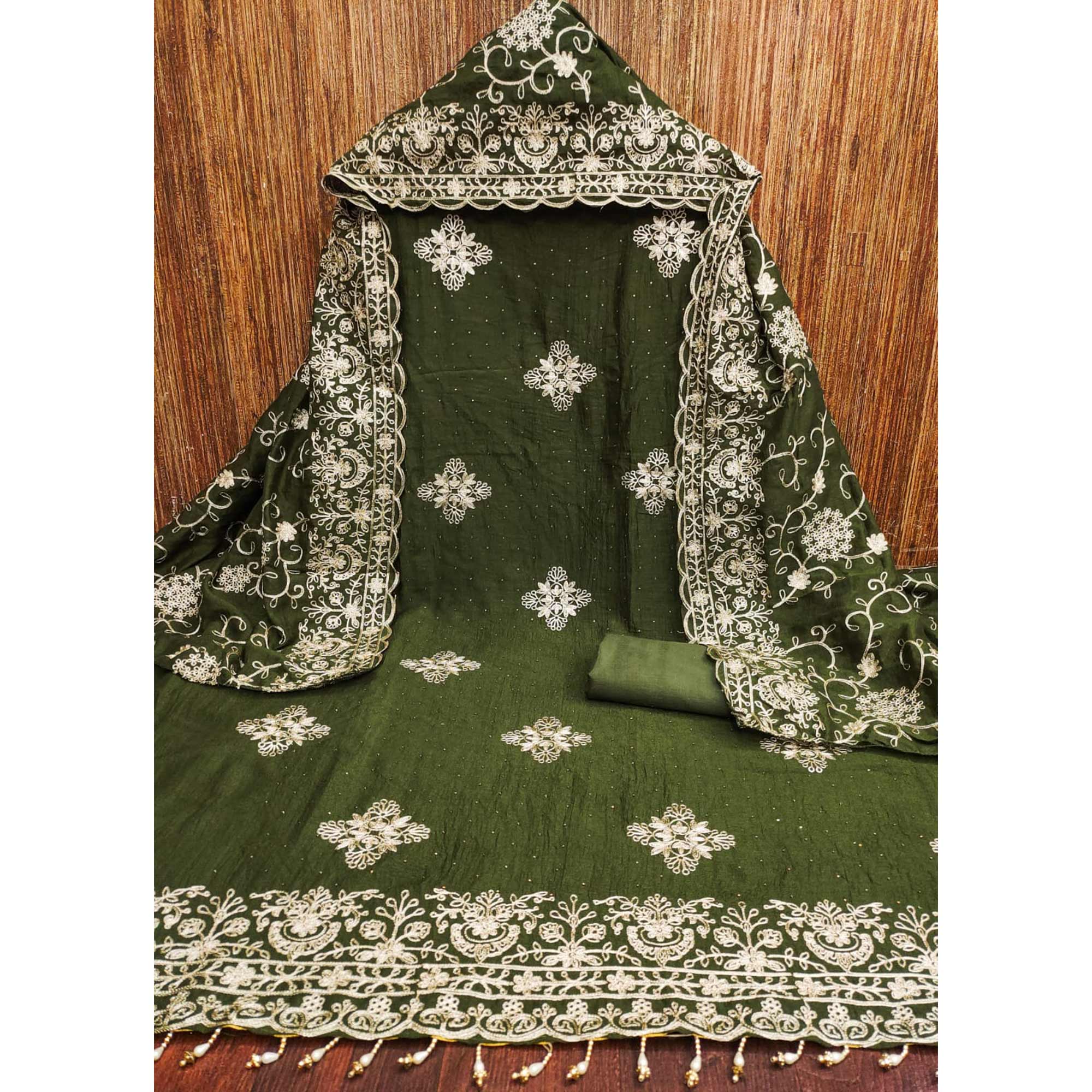 Mehendi Green Floral Zari Embroidery With Swarovski Work Vichitra Silk Dress Material