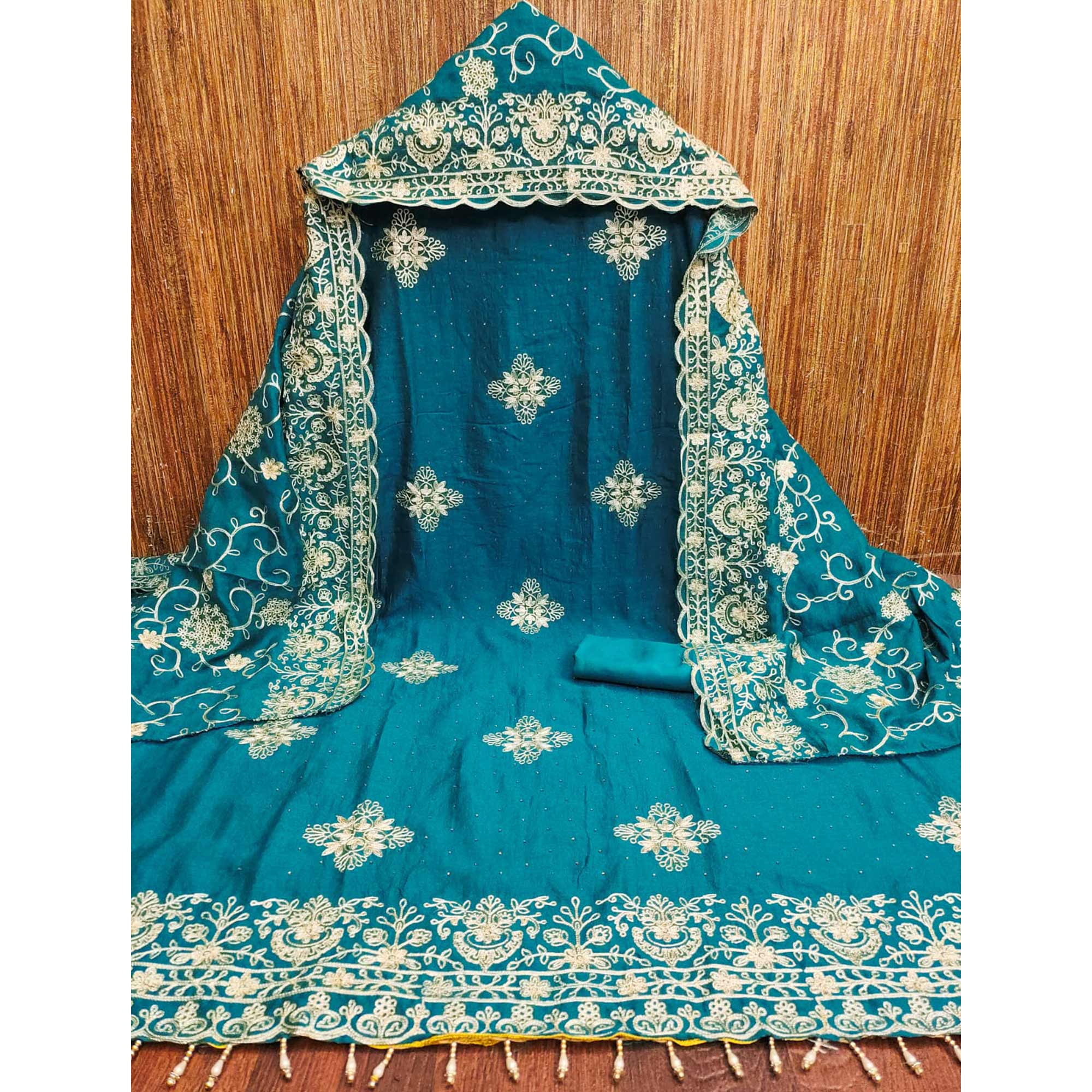 Morpich Blue Floral Zari Embroidery With Swarovski Work Vichitra Silk Dress Material