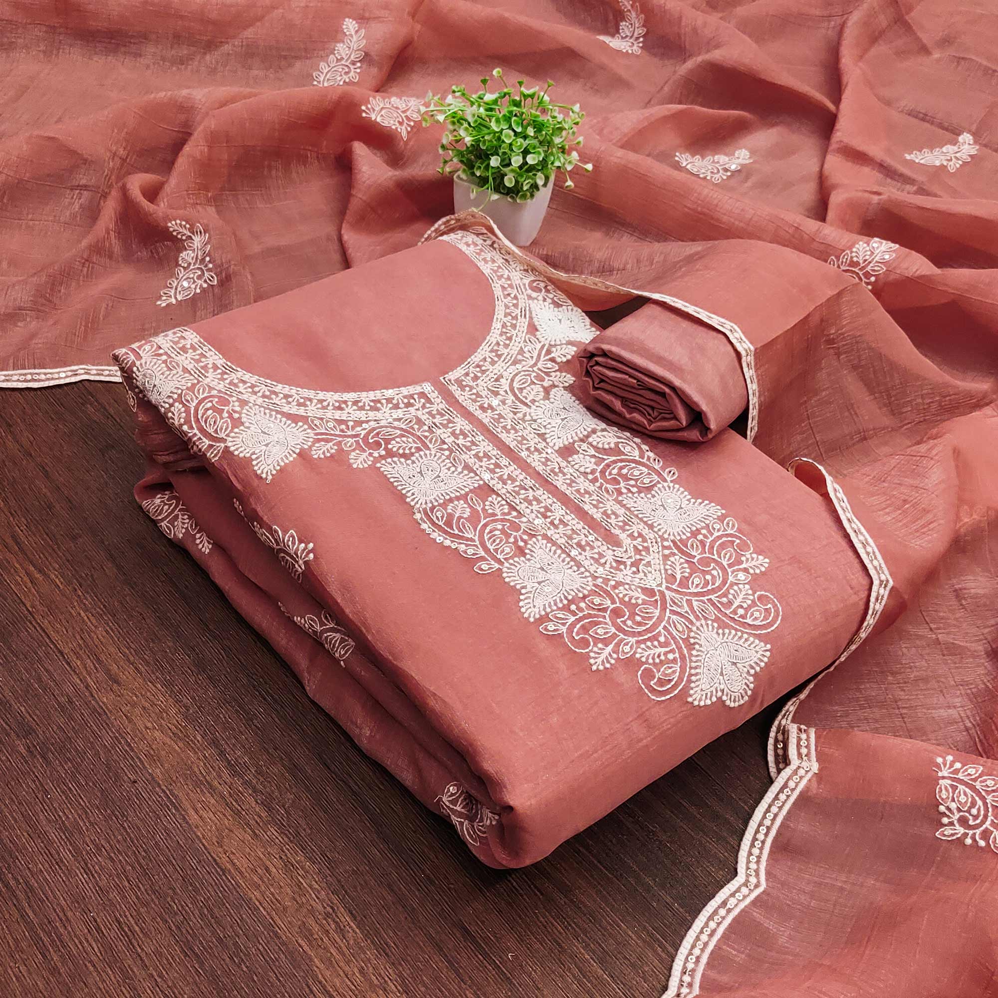 Peach Georgette Crunchy Silk Dress Material with Elegant Floral Thread Embroidery & Sequins Work