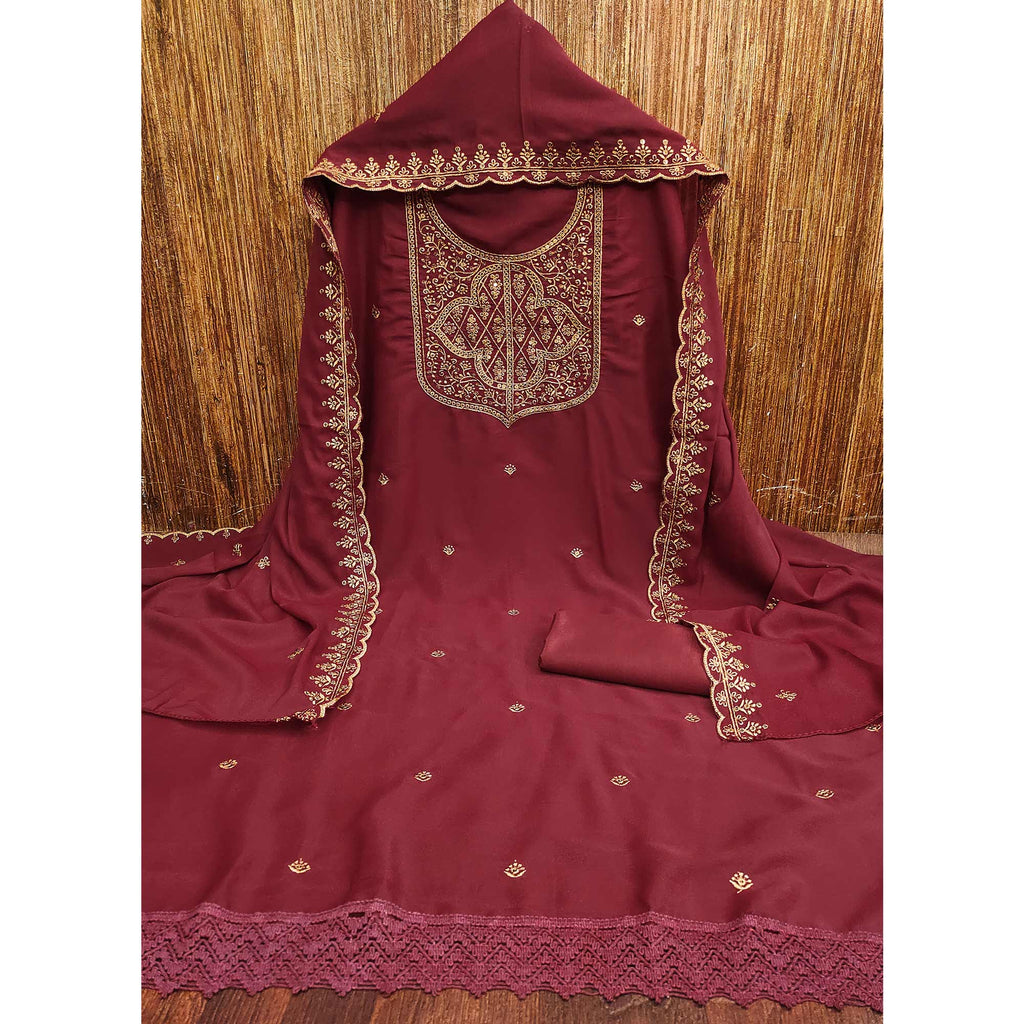 Maroon Georgette Dress Material With Sparkling Sequins & Zari Floral Embroidery