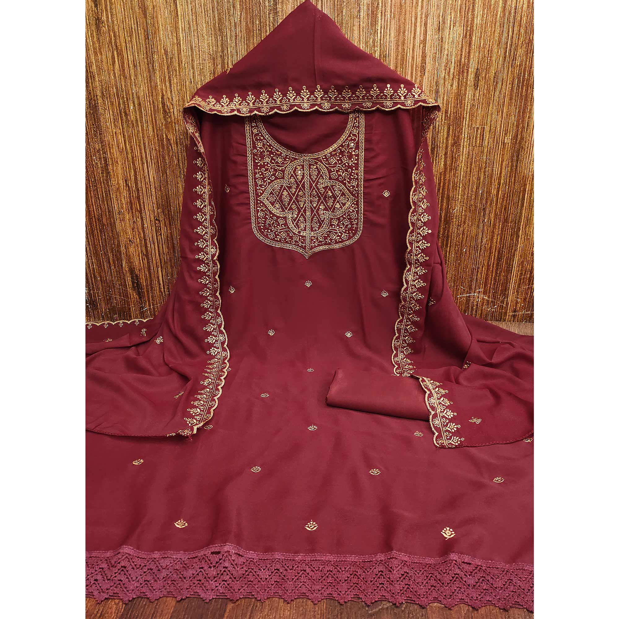 Maroon Georgette Dress Material With Sparkling Sequins & Zari Floral Embroidery