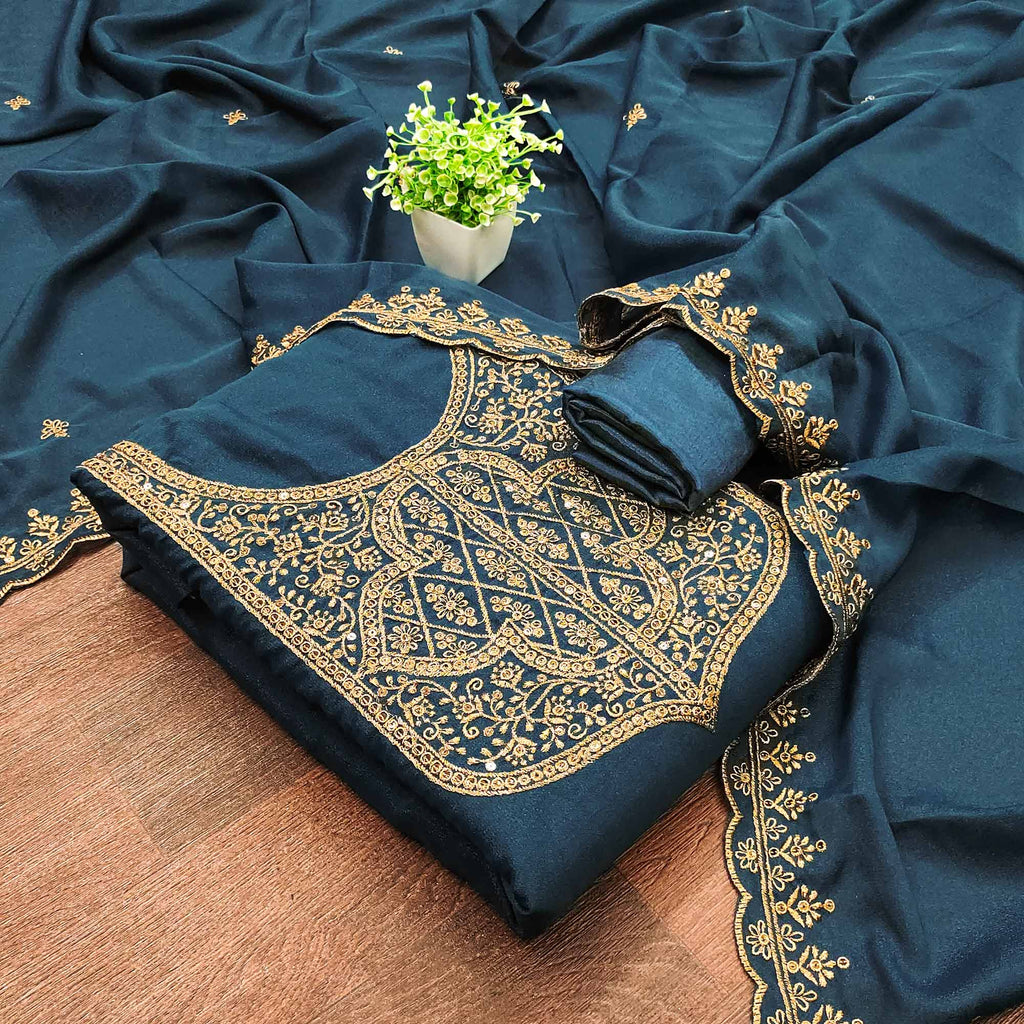 Morpich Blue Georgette Dress Material With Sparkling Sequins & Zari Floral Embroidery