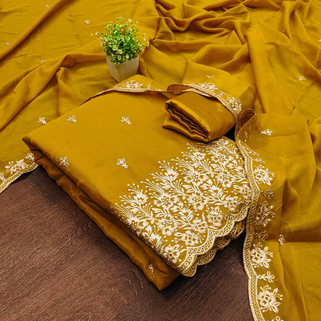 Mustard Georgette Dress Material With Delicate Floral Zari Embroidery