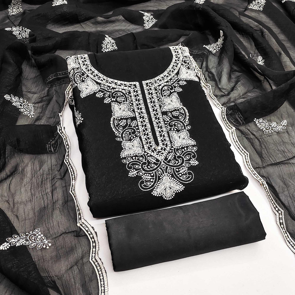 Black Dress Material With Threaded Floral Embroidery & Sequins on Crunchy Silk Georgette