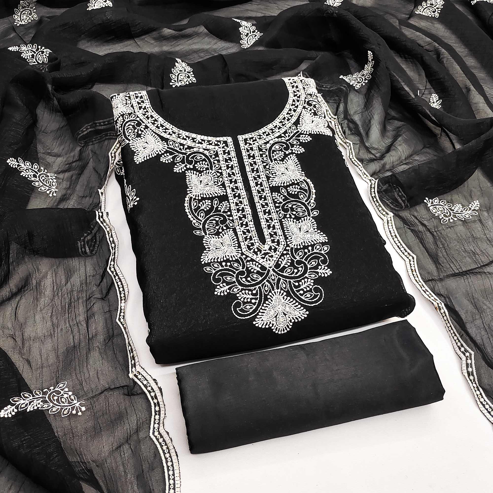 Black Dress Material With Threaded Floral Embroidery & Sequins on Crunchy Silk Georgette