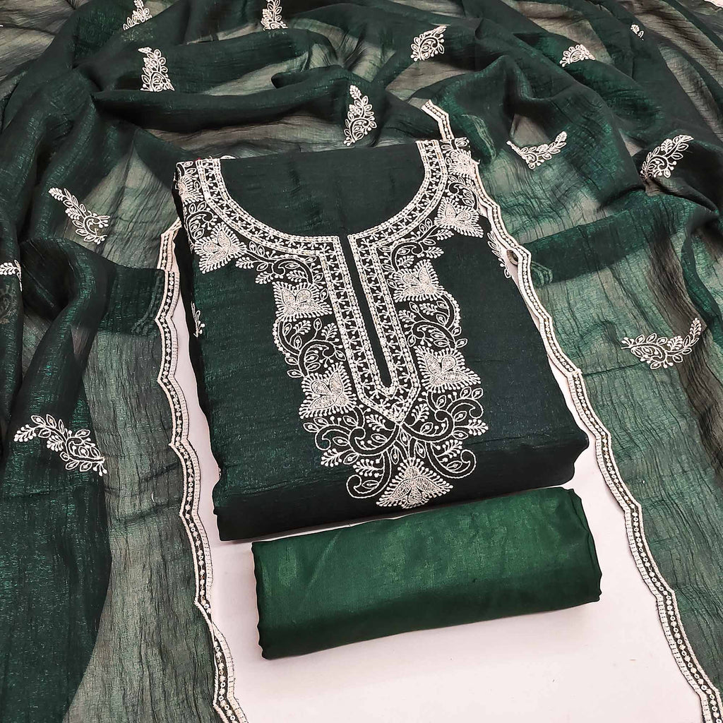 Bottle Green Dress Material With Threaded Floral Embroidery & Sequins on Crunchy Silk Georgette