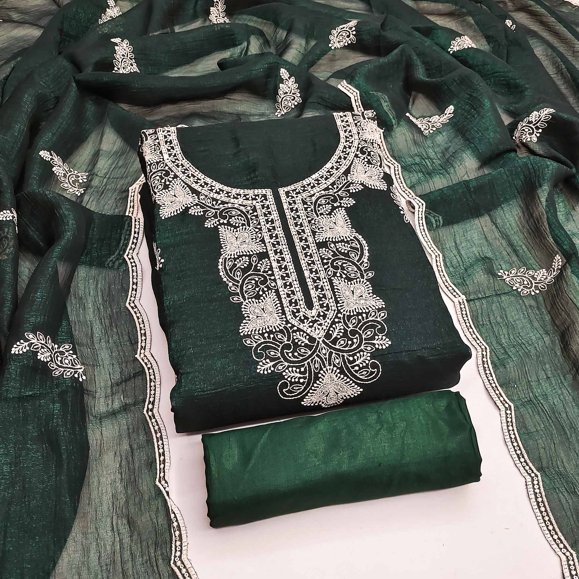 Bottle Green Dress Material With Threaded Floral Embroidery & Sequins on Crunchy Silk Georgette