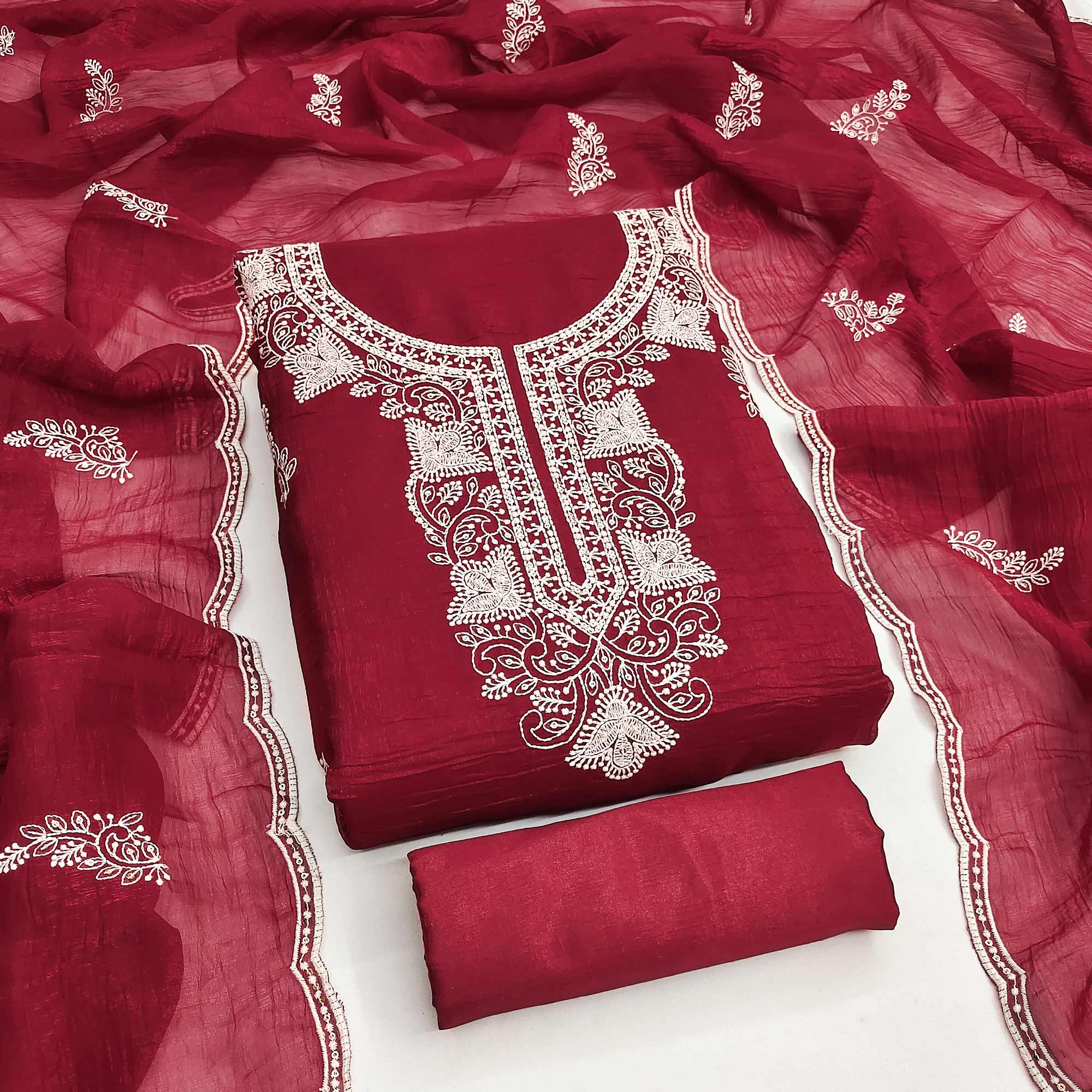 Maroon Dress Material With Threaded Floral Embroidery & Sequins on Crunchy Silk Georgette