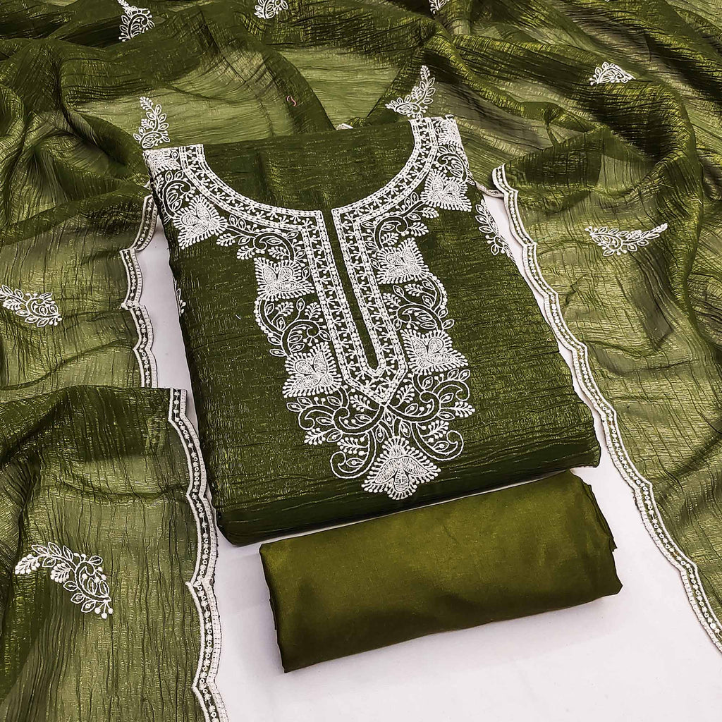 Mehendi Green Dress Material With Threaded Floral Embroidery & Sequins on Crunchy Silk Georgette
