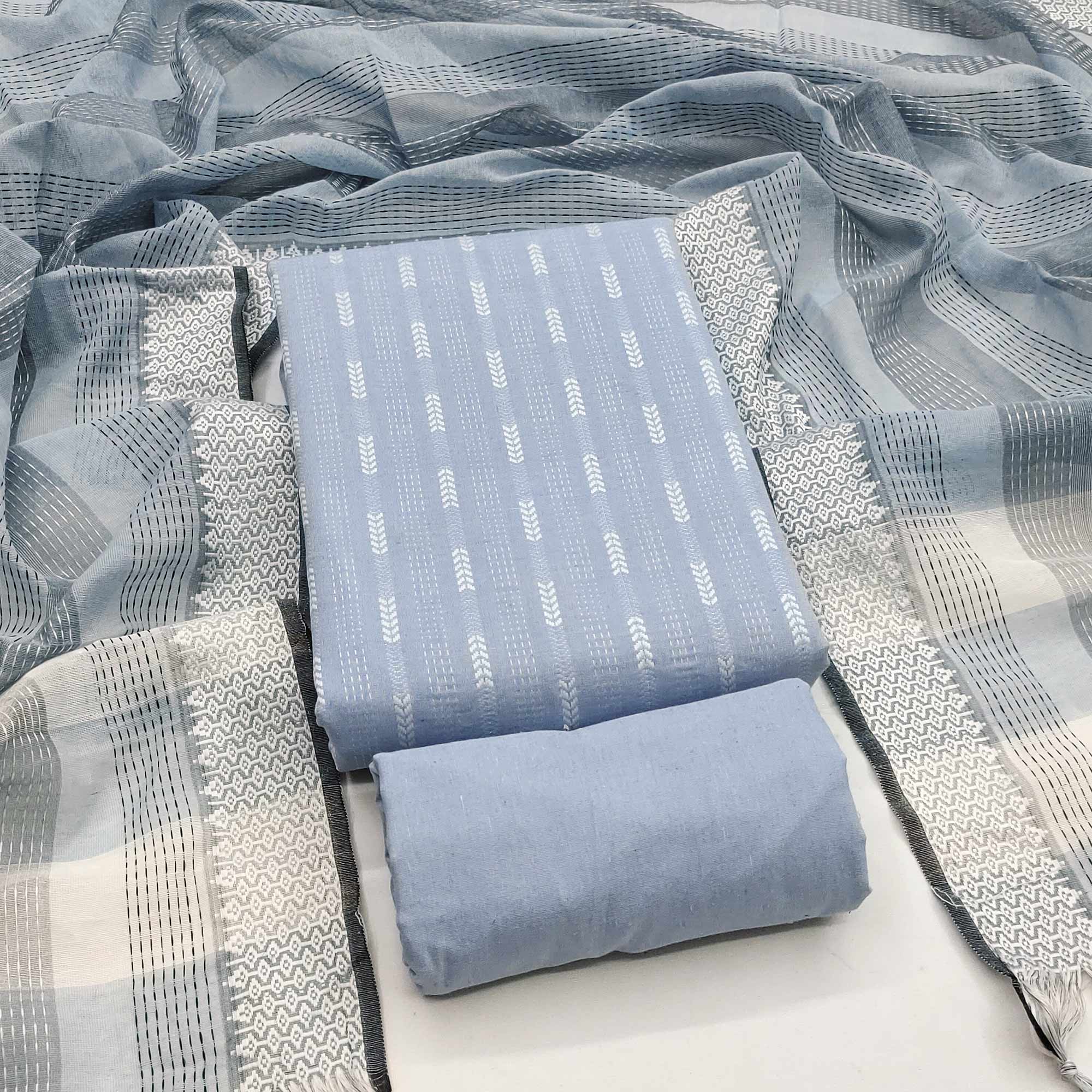 Graceful Grey Woven Work Dress Material In Poly Cotton Blend