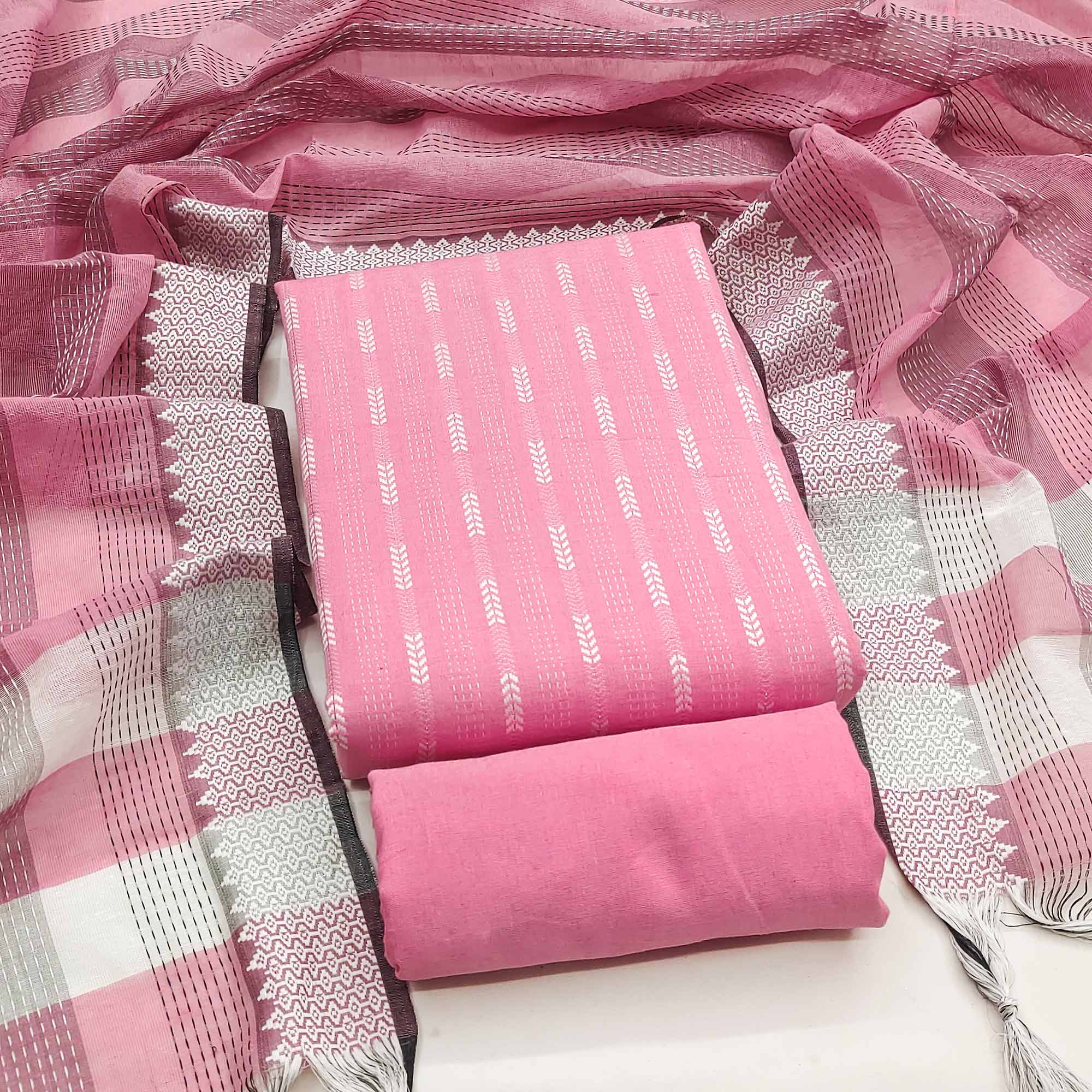 Elegant Pink Woven Texture Dress Material In Poly Cotton Blend