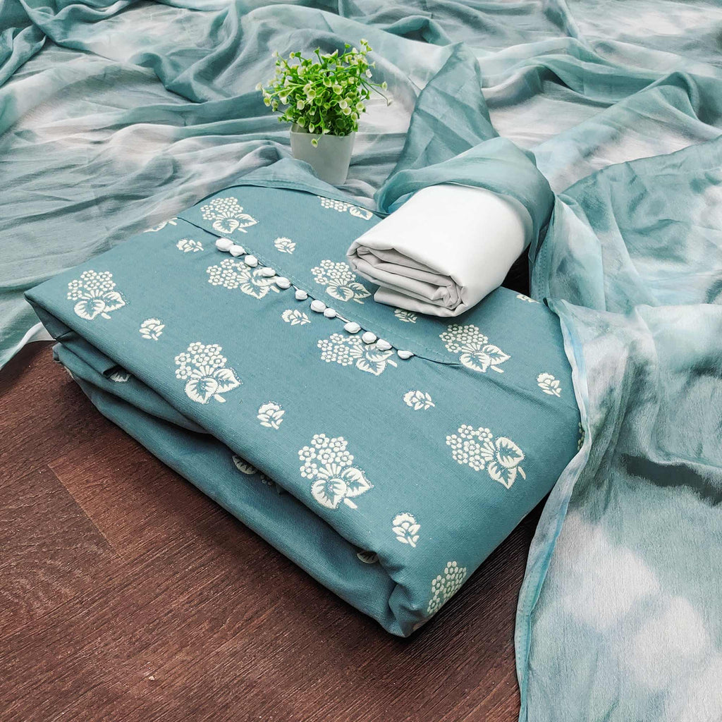 Charming Blue Cotton Blend Dress Material With Floral Print