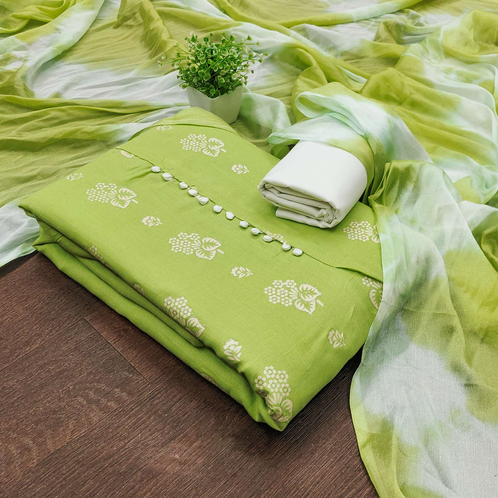 Exquisite Green Floral Printed Cotton Blend Dress Material