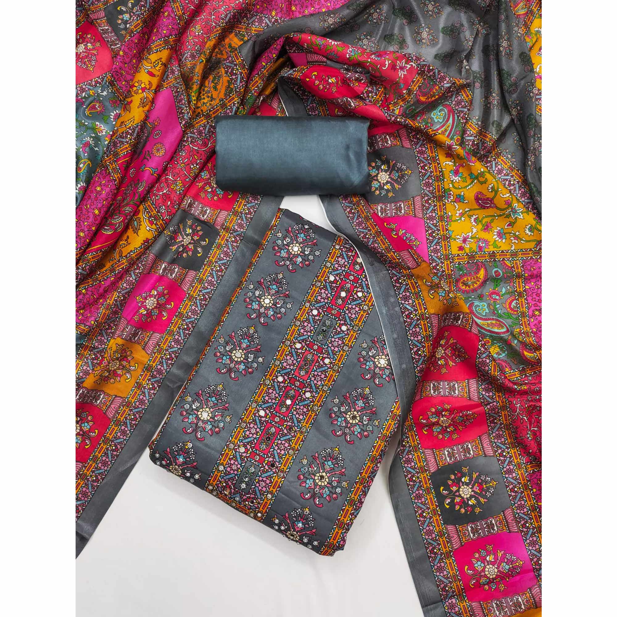 Grey Pakistani Dress Material Featuring Soft Chinon Fabric and Timeless Floral Prints