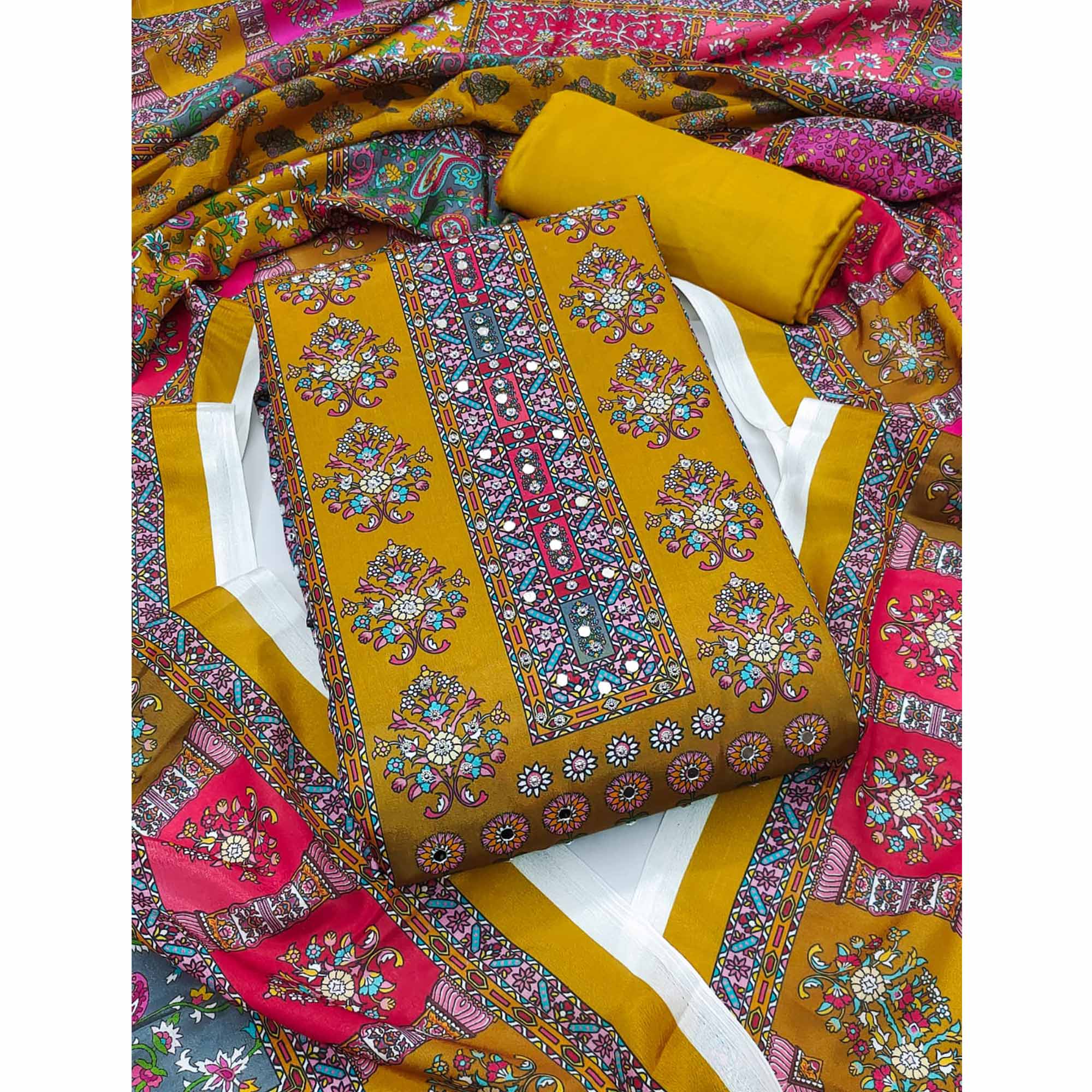 Mustard Pakistani Dress Material Featuring Soft Chinon Fabric and Timeless Floral Prints