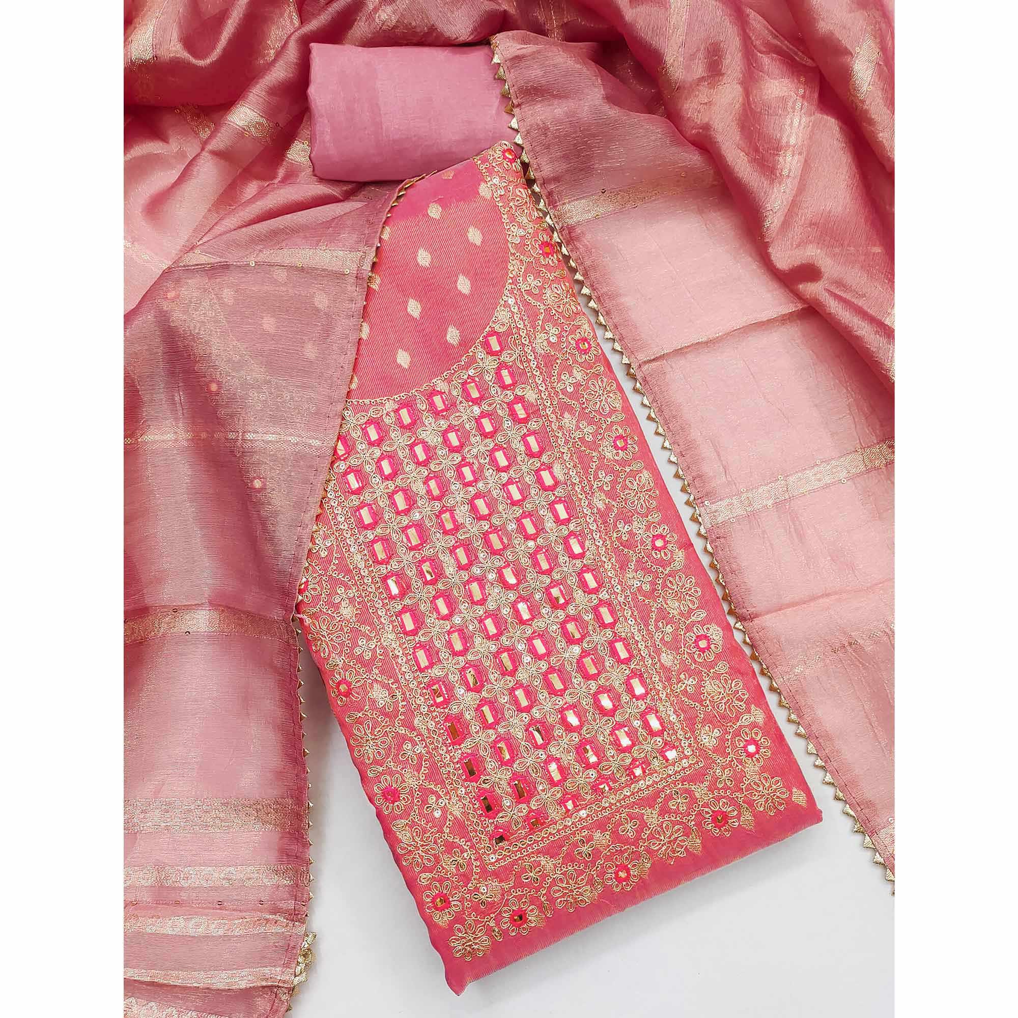 Peach Weaving Dress Material In Shimmer Silk With Detailed Cording & Sequin Embroidery Work
