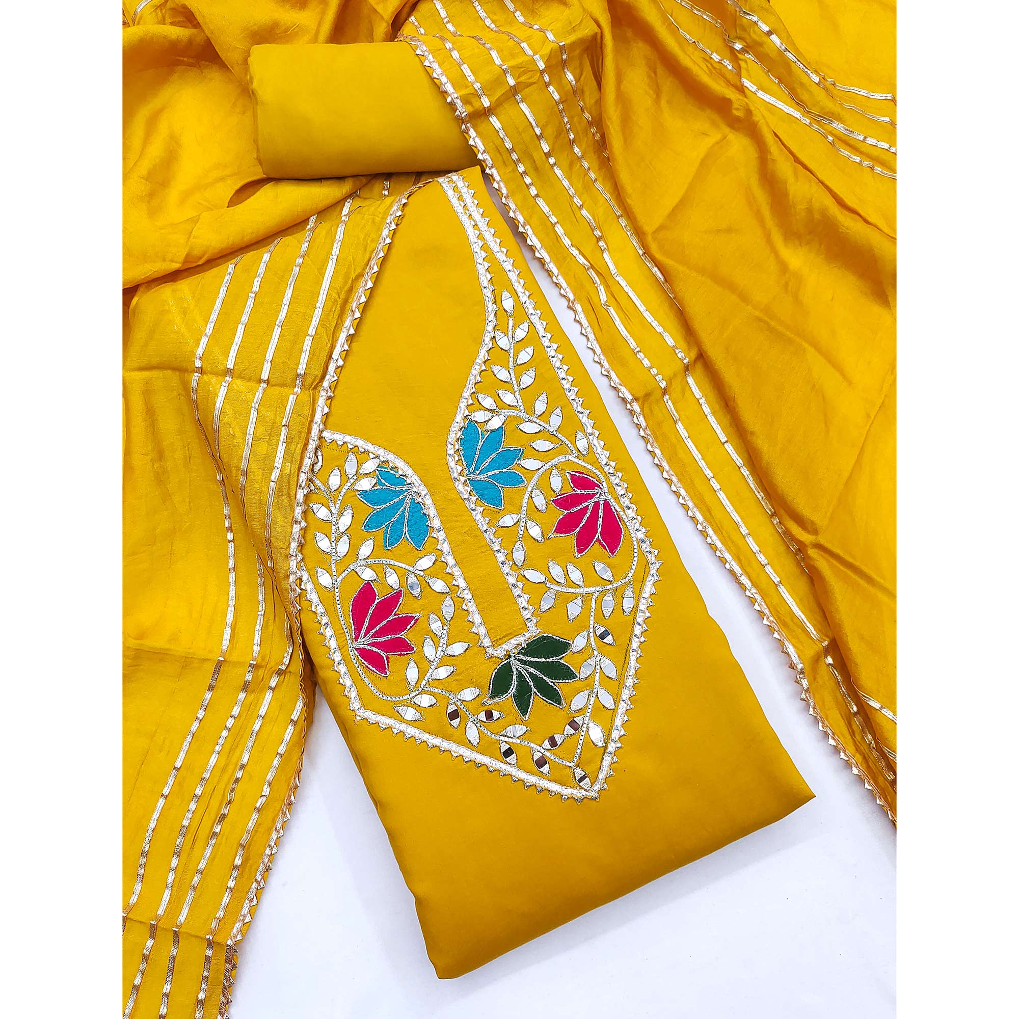 Mustard Floral Embroidery Chanderi Cotton Dress Material Embellished With Mirror & Gota Patti