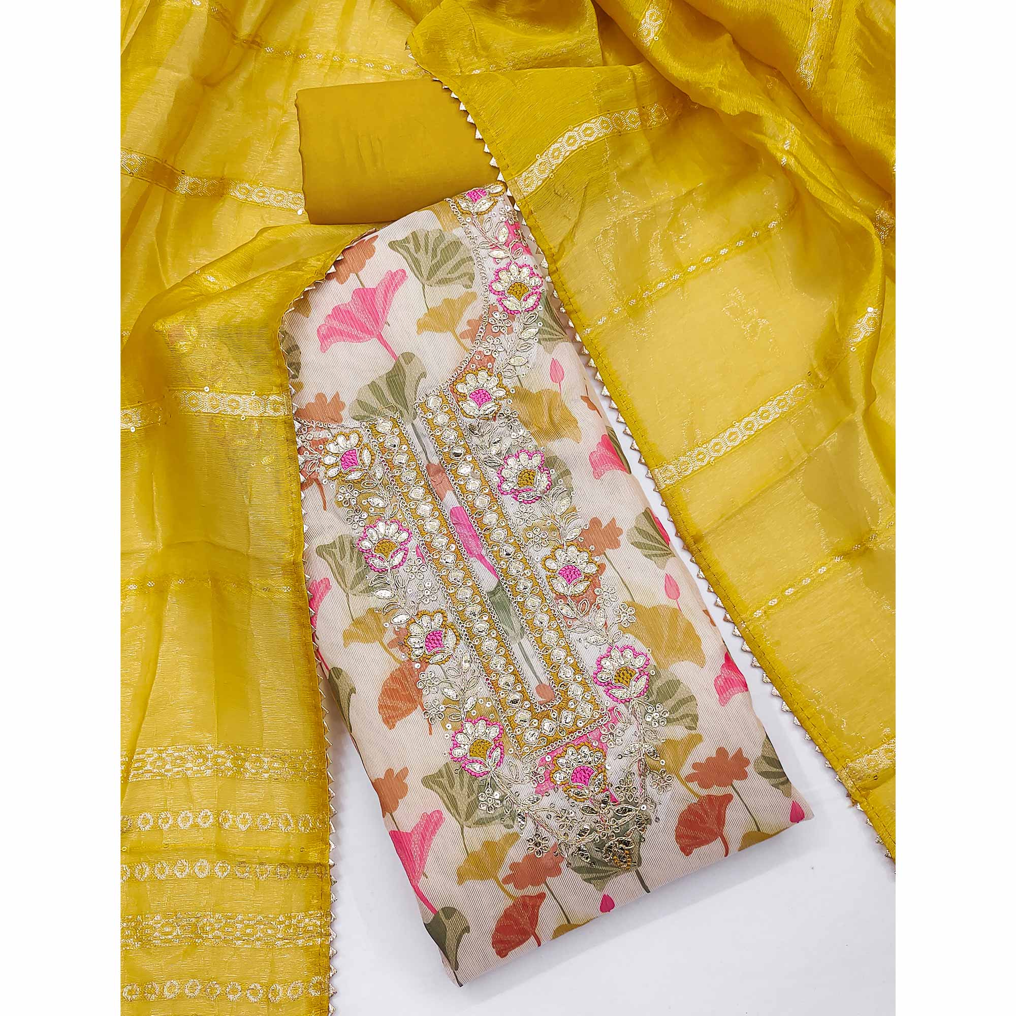 Cream & Mustard Floral Printed Shimmer Silk Dress Material Enhanced With Sequins Cording Embroidery